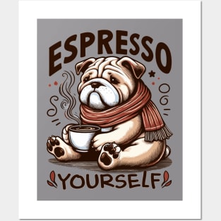 "Warm Espresso Bulldog - Cozy Coffee Humor" Posters and Art